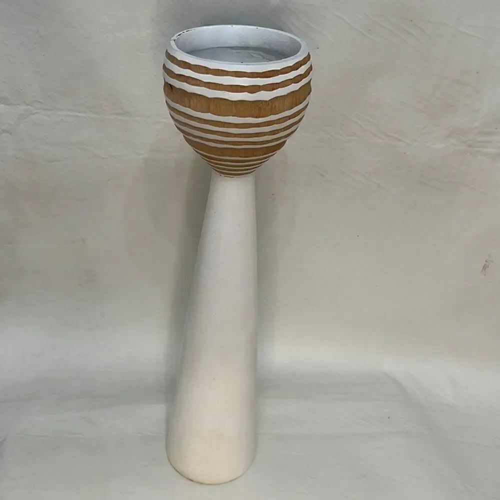 Pillar Candle Holder Handcrafted Wood White Brown 15 In Tall 3 1/2 In Round